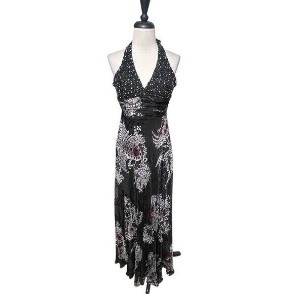 90's Y2K Nina Austin Beaded Velvet Burnout Sexy Maxi Prom Gown Formal Dress XS - Picture 1 of 7